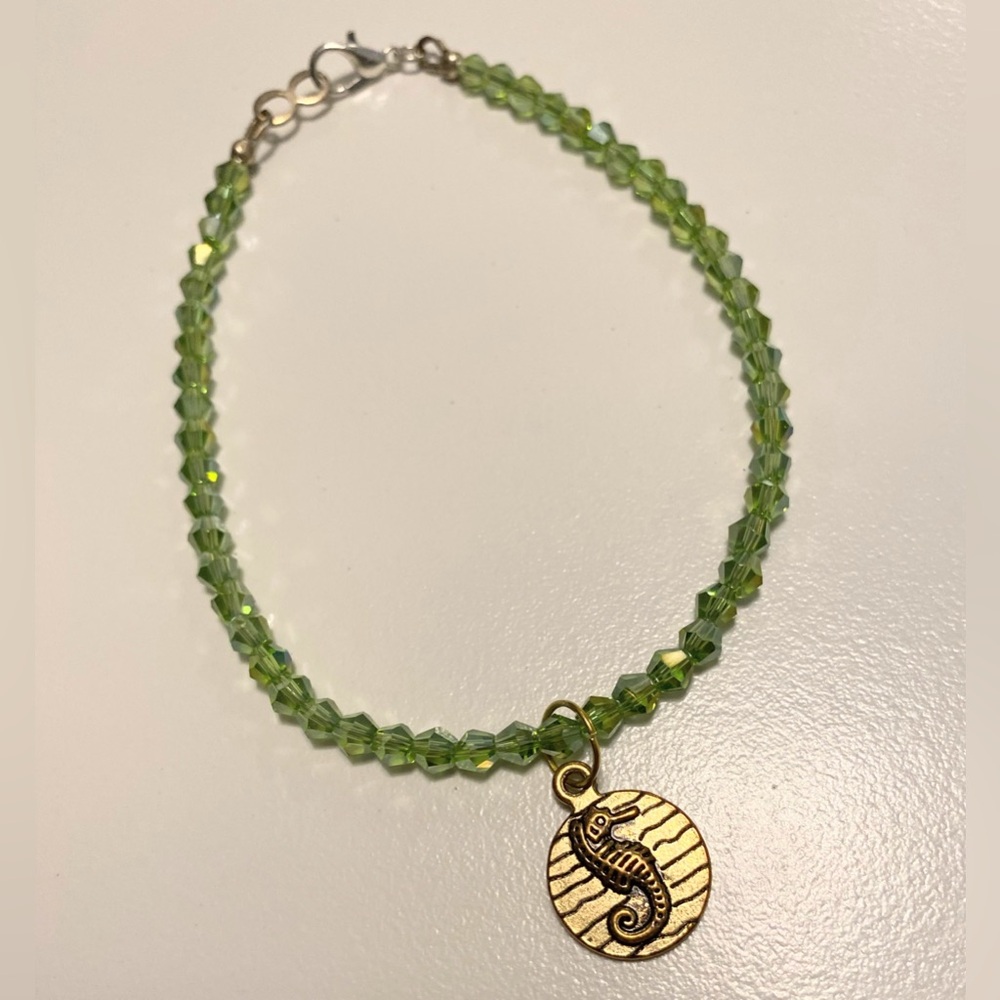 Green Crystal Bead Ankle Bracelet with Gold Seahorse Charm